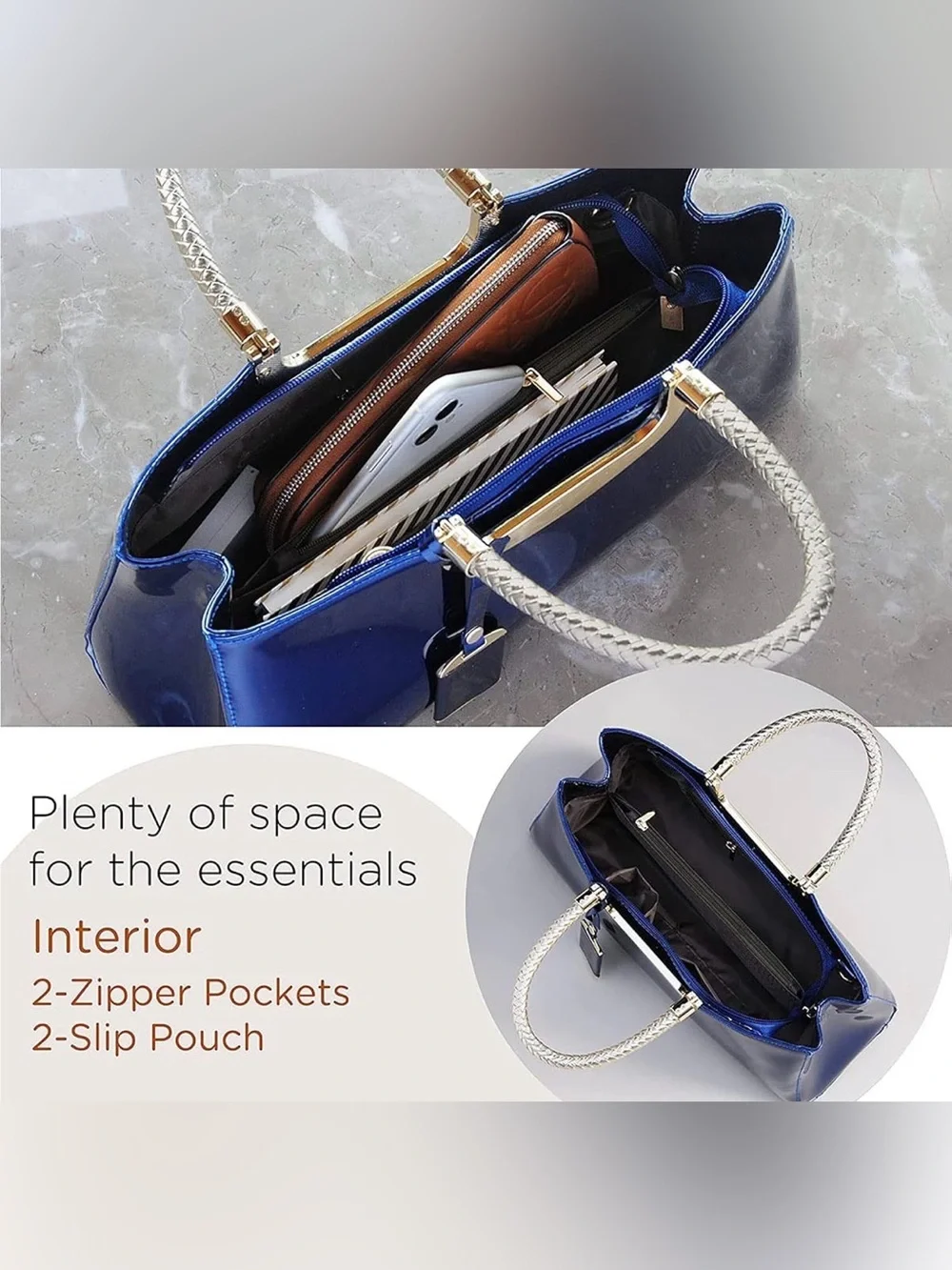 Glossy Women Handbag Faux Patent Leather Top-Handle Bag Structured Shoulder Bag